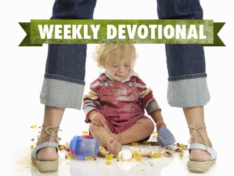 A messy toddler under the Weekly Devotional banner