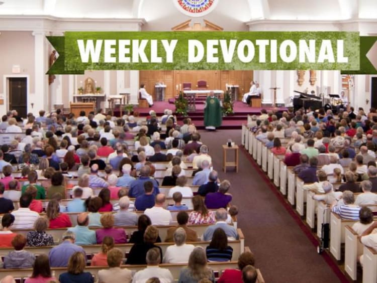 A congregation listening to a sermon under the Weekly Devotional banner