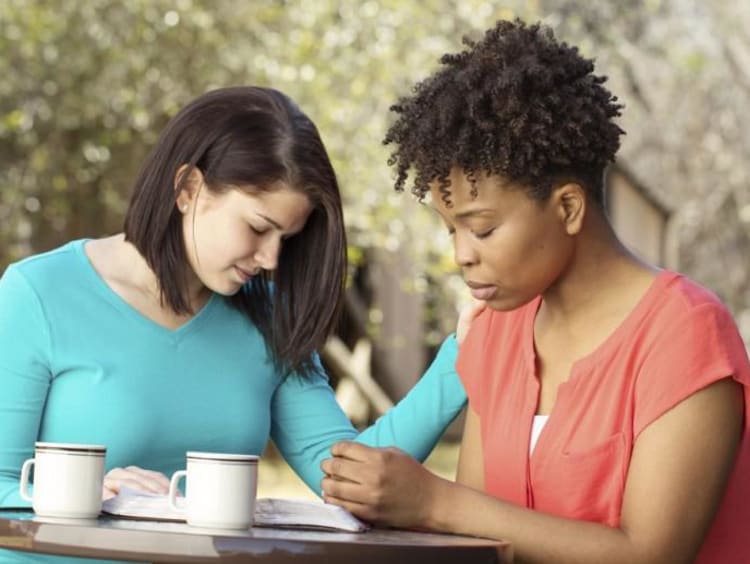 A pair of people conversing and studying