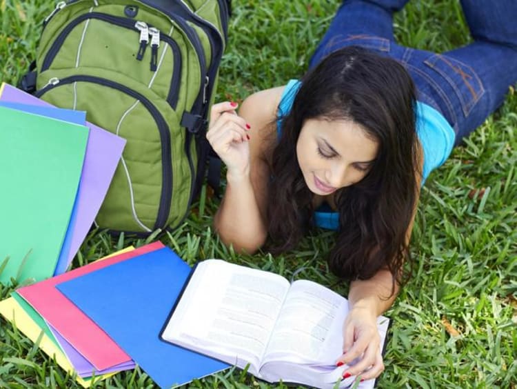 A student reading her notes outside in the grass