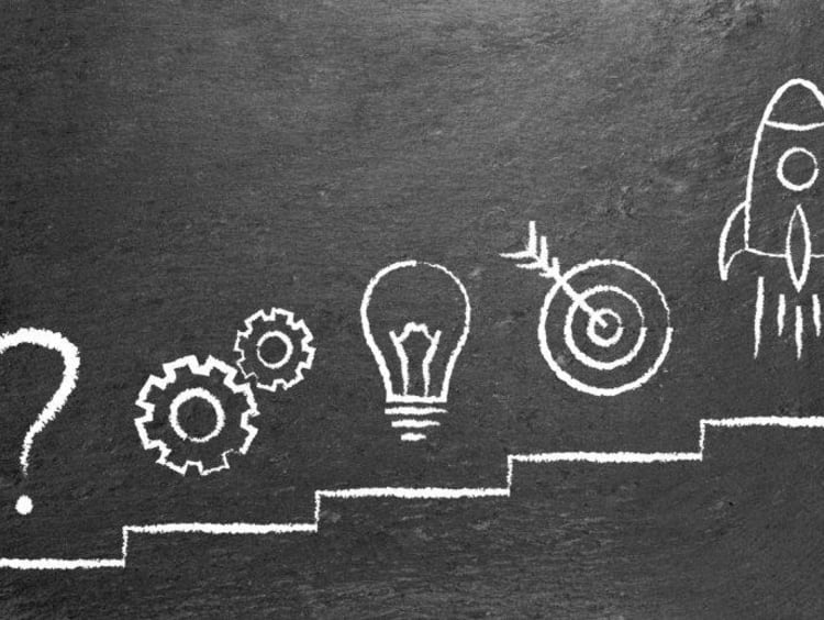 sketch drawing of a question mark, lightbulb and gears