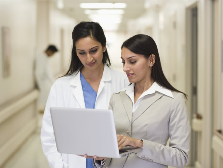 Hospital administrator showing something to a doctor on the computer