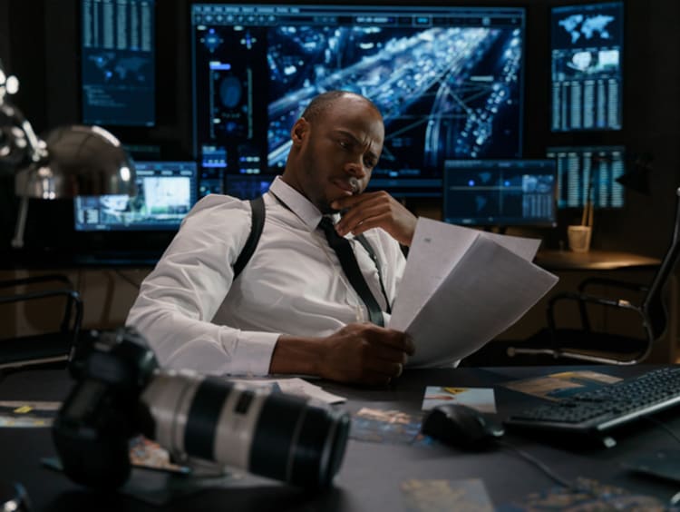 Detective sitting in office looking at papers