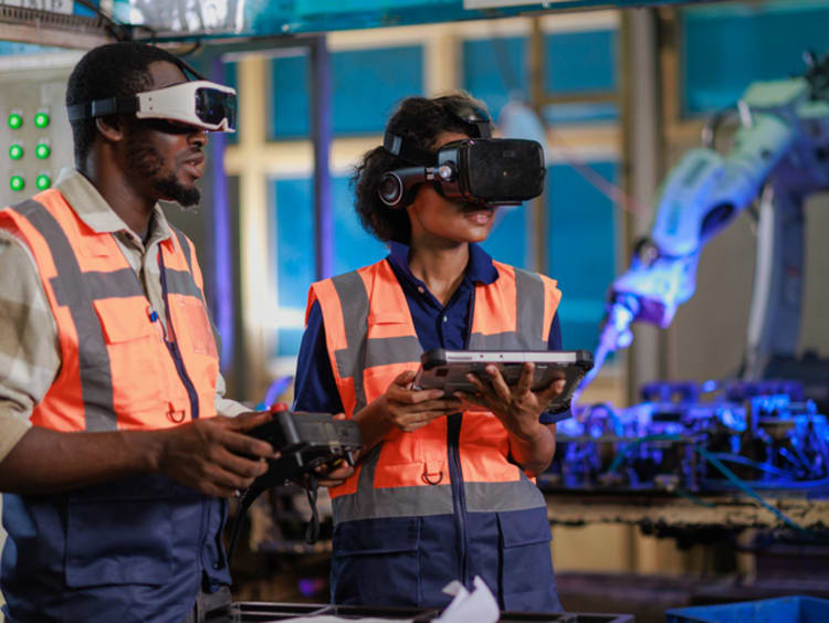 Engineers using VR glasses for controlling robotic arm