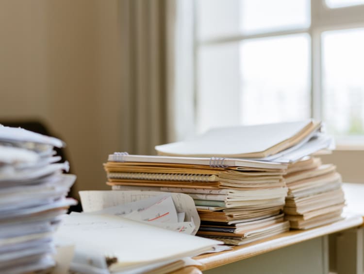A cluttered desk with notebooks