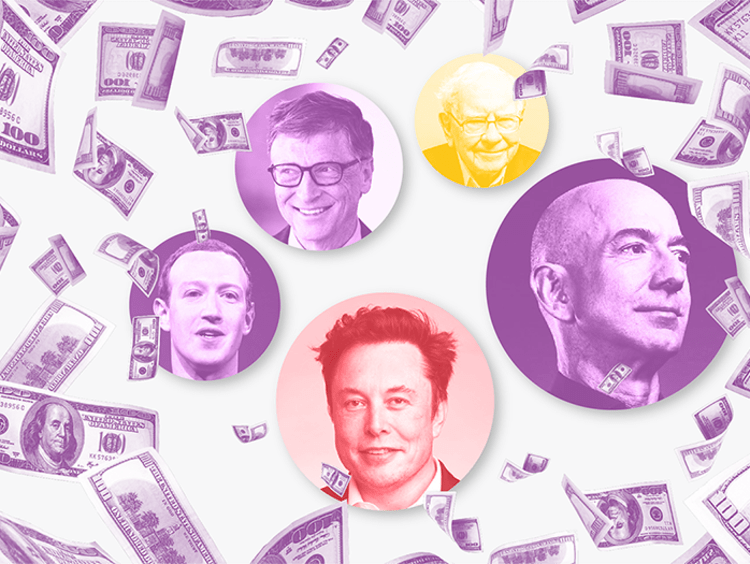 Graphic showing raining hundred dollar bills and the faces of billionaires