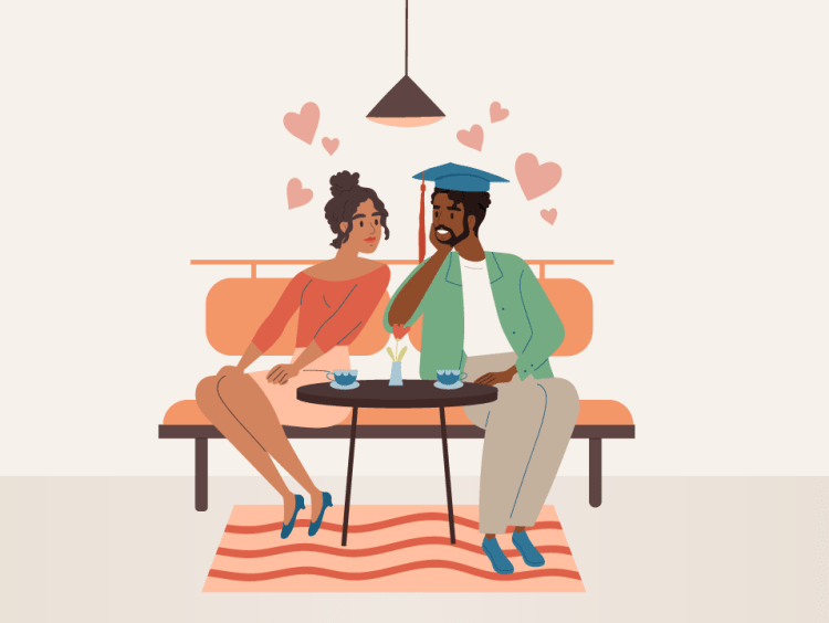 Two people sitting next to each other on a bench surrounded by hearts