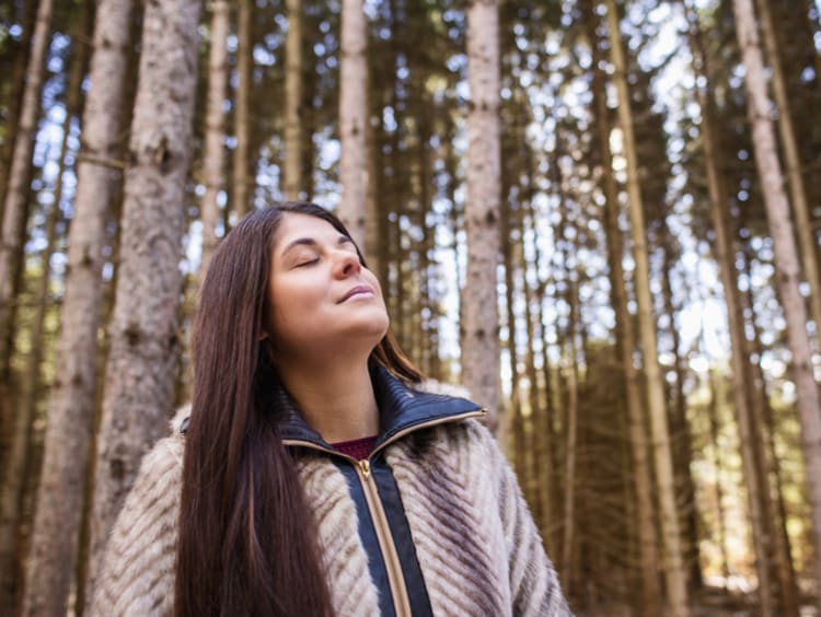 Woman having a spirit of humility while looking up at trees
