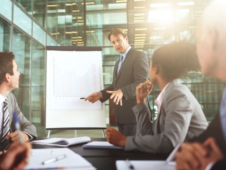 Co-workers engage in a business meeting in a conference room