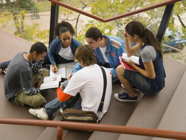 college students studying on campus steps