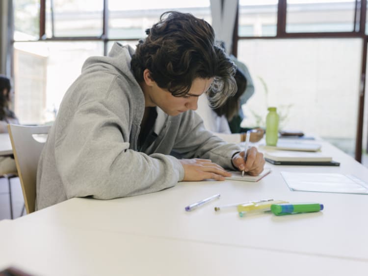 Student sitting at a desk writing and editing a paper