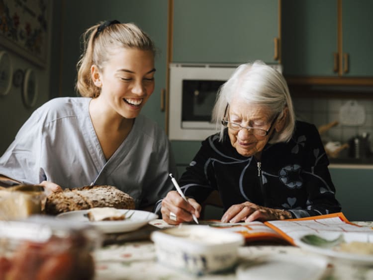 Young female social worker with elderly client.