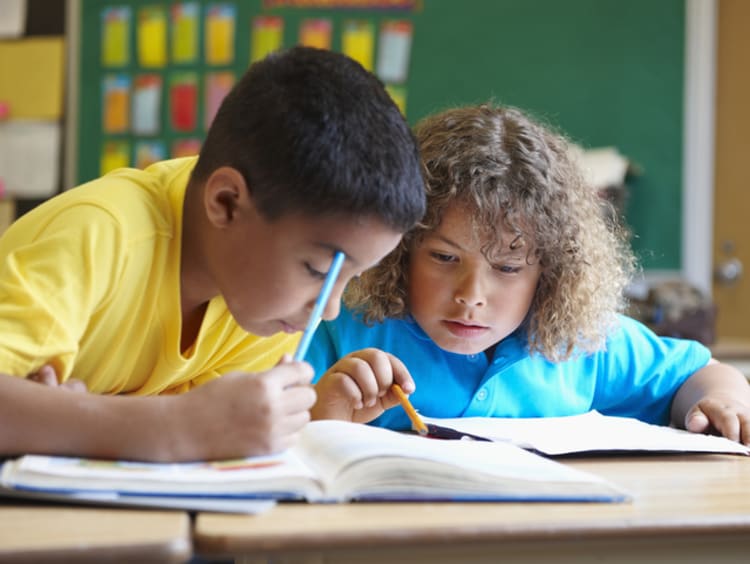 two male elementary students working together