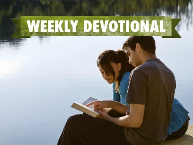 A pair of students under the Weekly Devotional banner