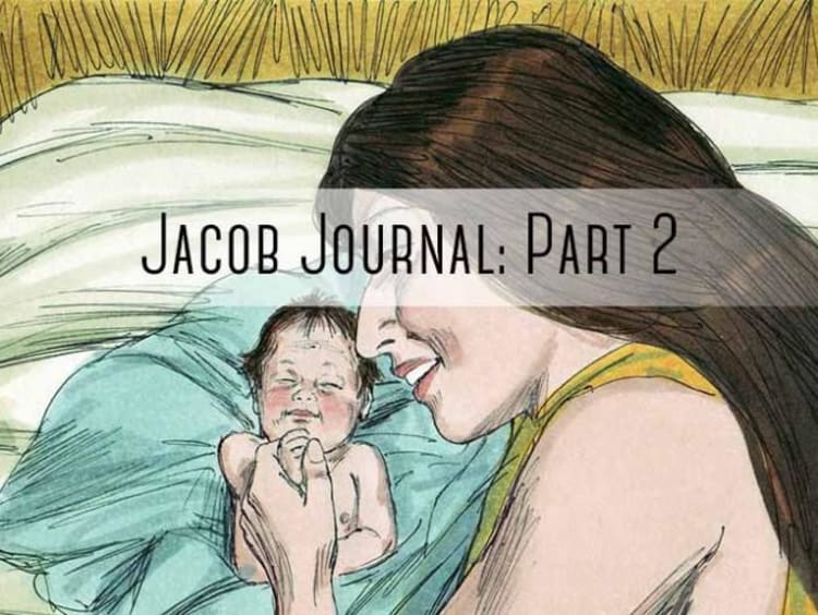 woman holding baby with "jacob journal part 2" written on it