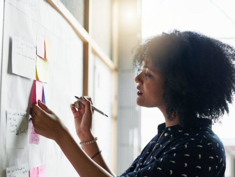 Woman drawing on sticky notes