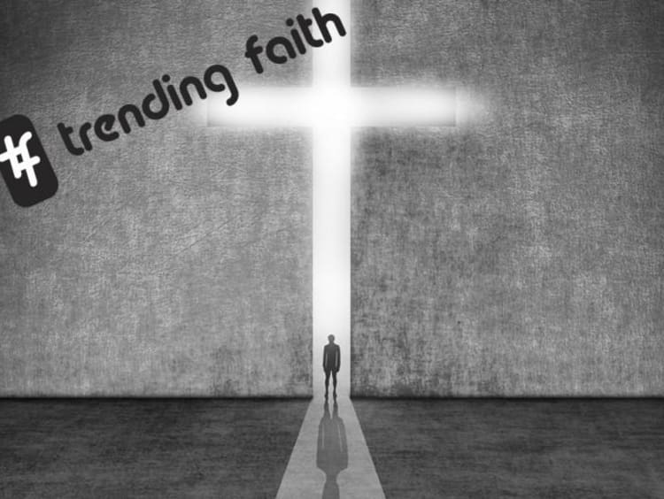 Hashtag trending faith text on top of black white cross image with a person