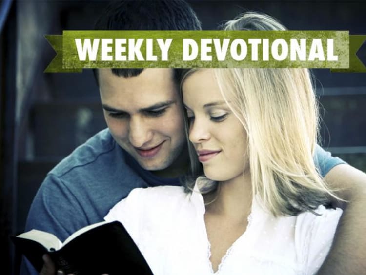 A couple reading together under the Weekly Devotional banner