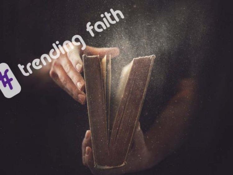 Trending faith logo over a dusty book 