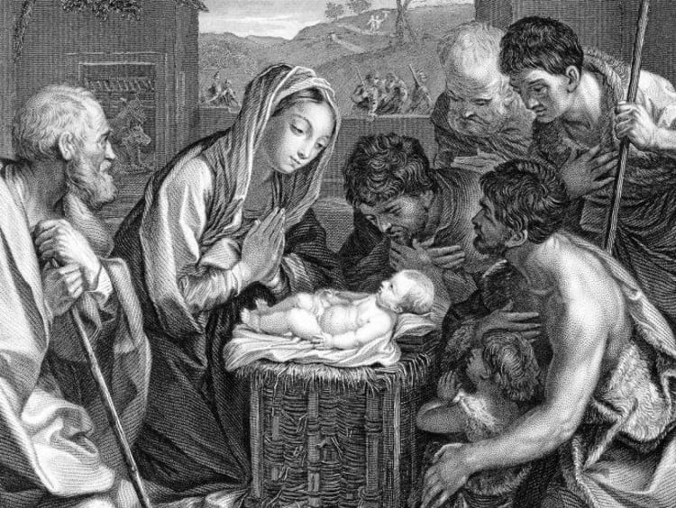 A black and white drawing of the birth of Christ