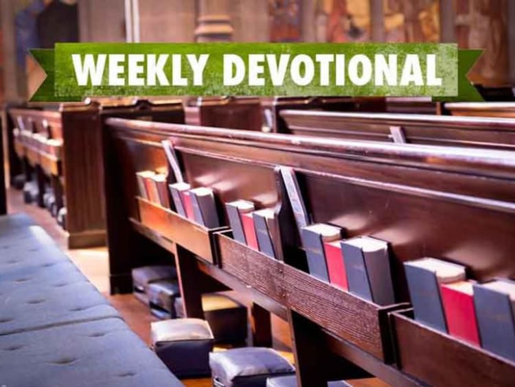 Weekly devotional text layered on top of image of wooden church pews