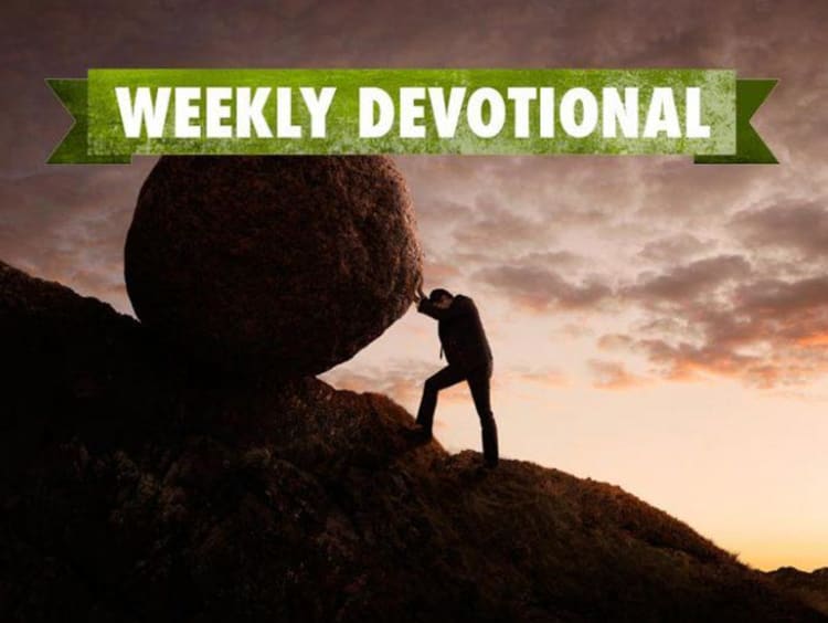person pushing boulder with weekly devotional banner