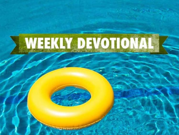 Yellow round pool float in pool with weekly devotional text layered atop image