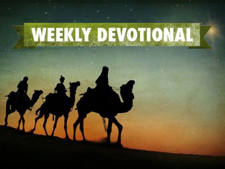 three wiseman riding camels with weekly devotional banner above them