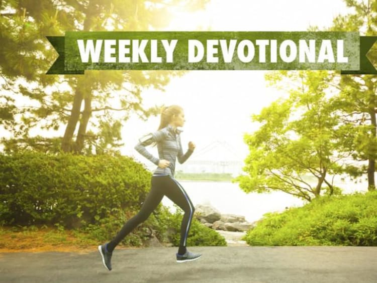 Weekly devotional text atop image of woman jogging on park trail