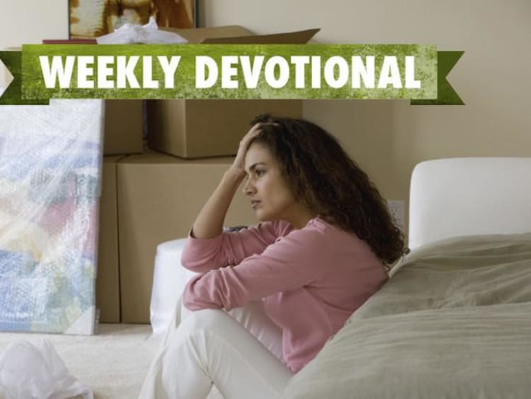 A stressed woman under the Weekly Devotional banner