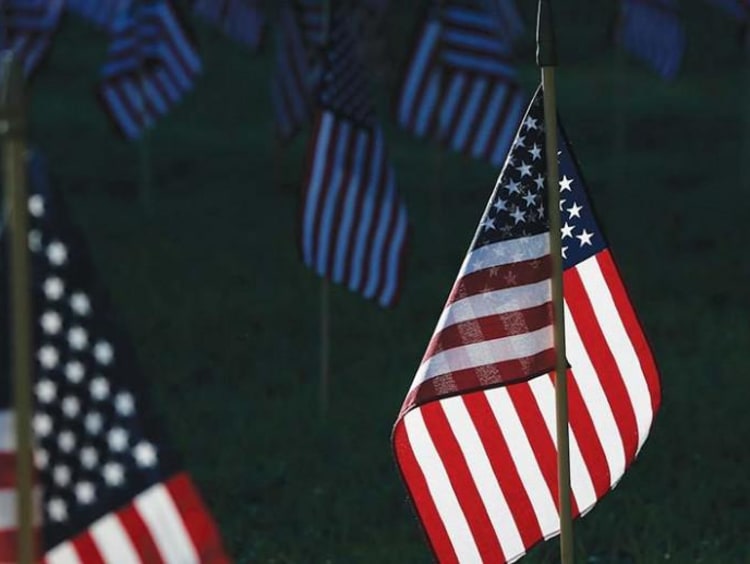 American flags outside in the sun