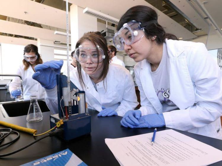 two chemistry students working on a lab