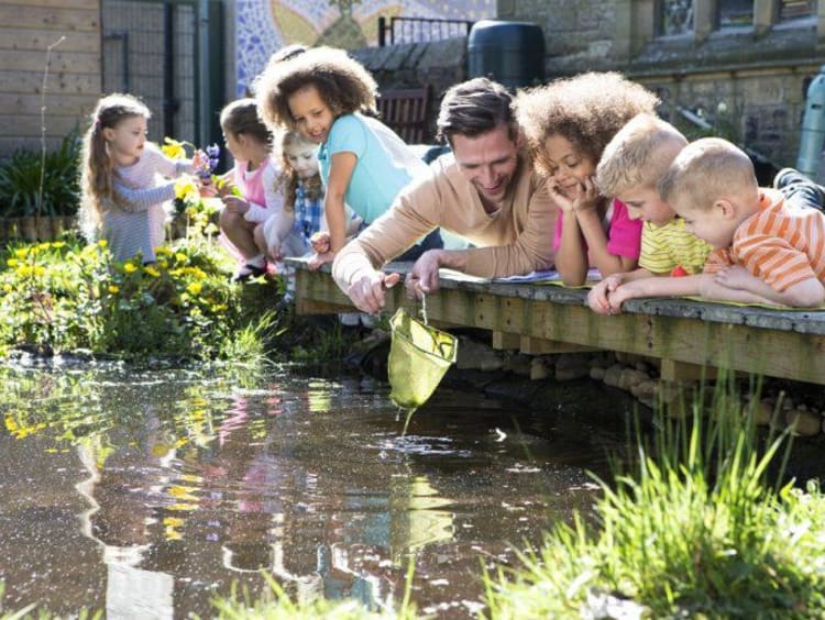 students and teacher outside looking at a pond