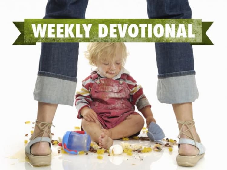 A messy toddler under the Weekly Devotional banner