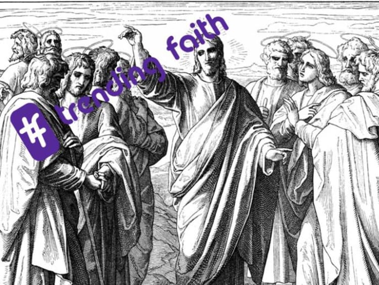 A black and white drawing of Jesus and the Apostles with the Trending Faith logo