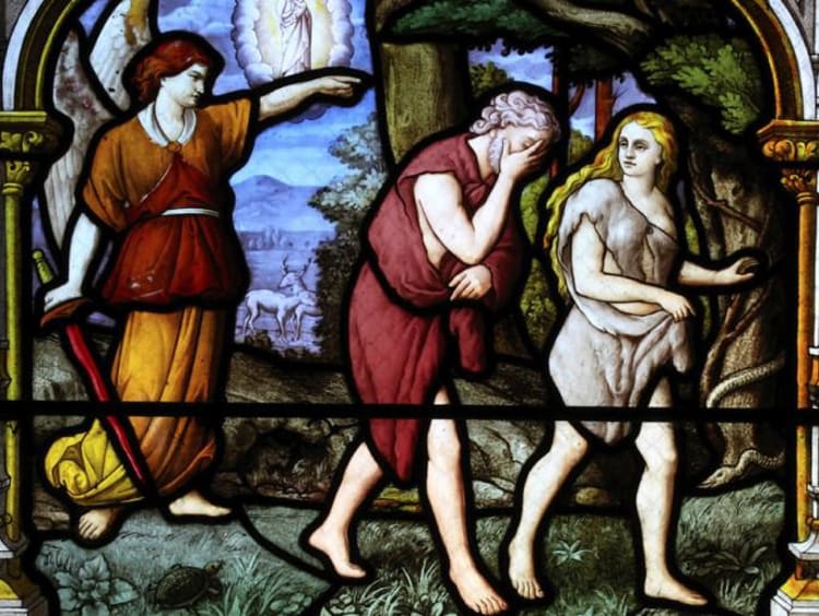 A stained glass image of Adam and Eve