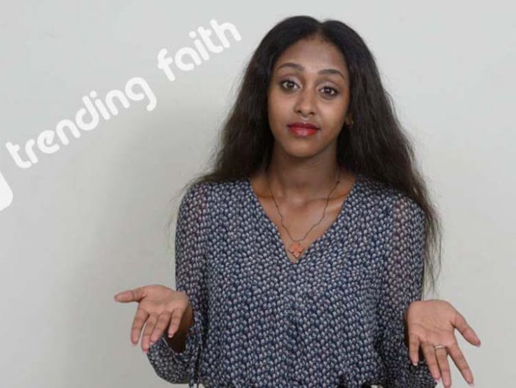 Confused student next to the trending faith logo