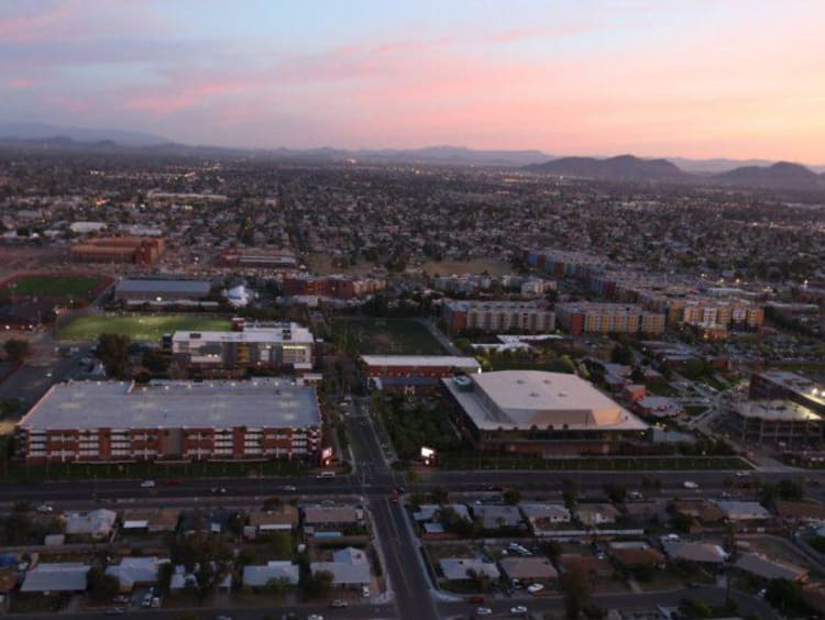 Aerial picture of GCU campus at sunrise