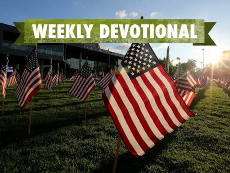 An American flag with the Weekly Devotional banner