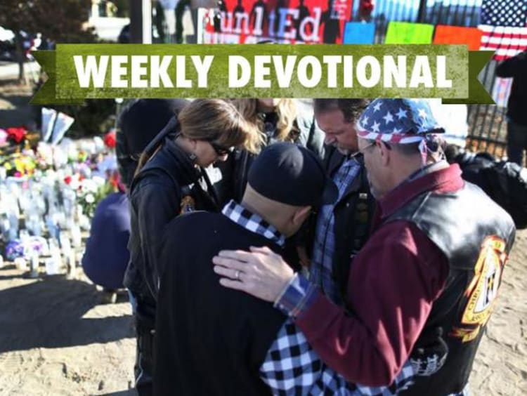 People consoling others under the Weekly Devotional banner