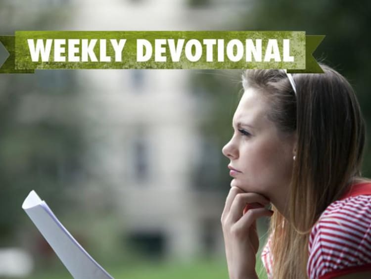 A student reading under the Weekly Devotional banner