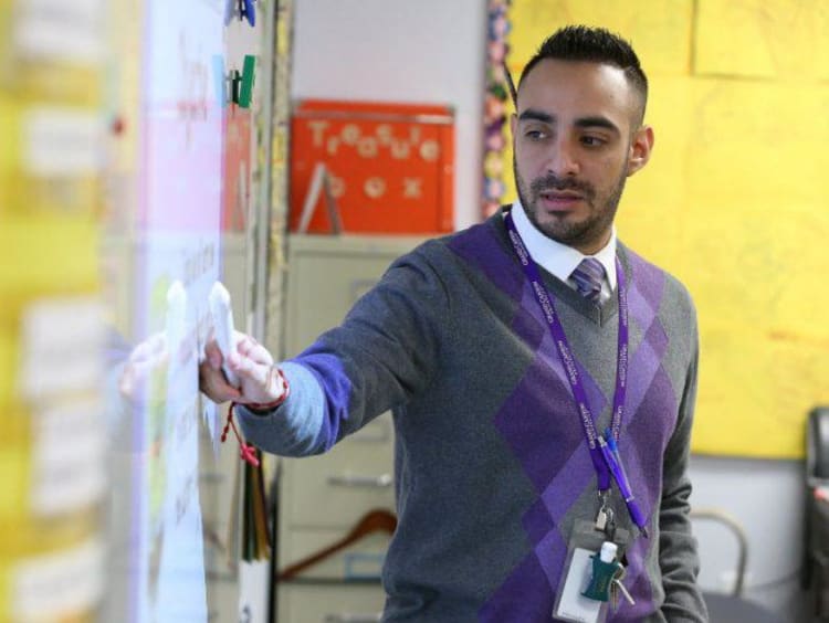 teacher pointing to whiteboard