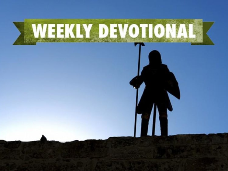 A man in a suit of armor under the Weekly Devotional banner