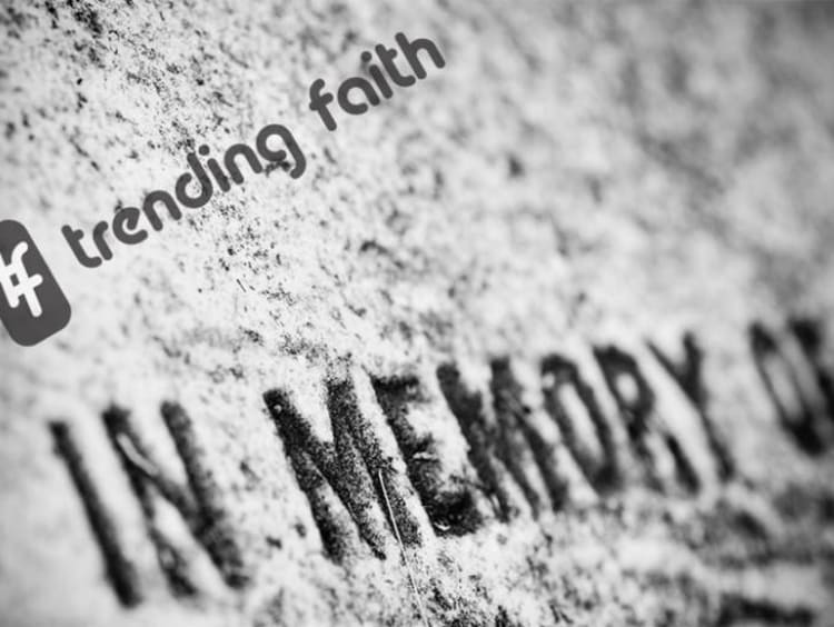 In memory of grave tombstone with hashtag trending faith text on top of it