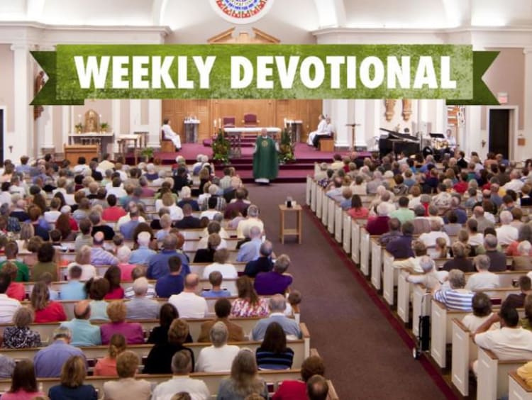 A congregation listening to a sermon under the Weekly Devotional banner