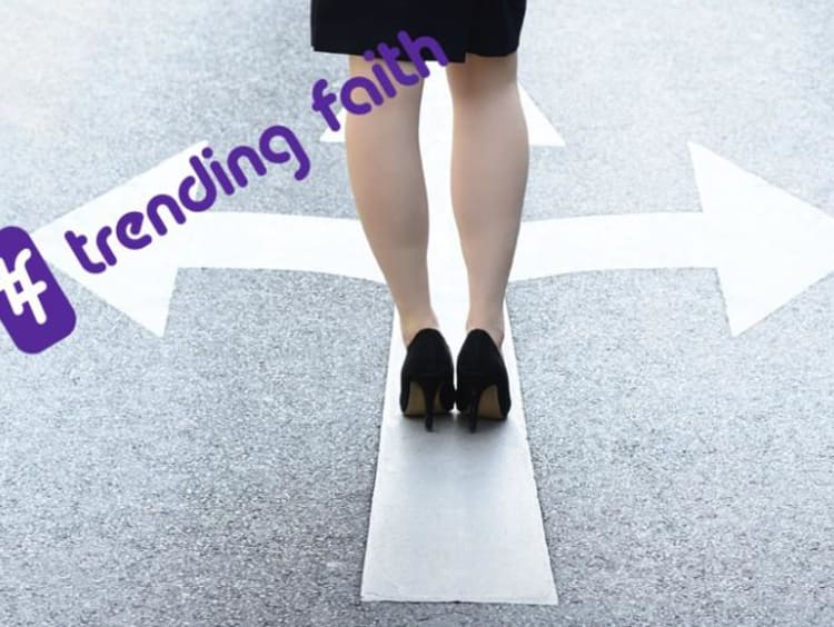 A woman facing multiple paths under the Trending Faith logo