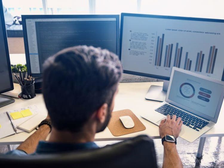 woman looking at computer of statistics