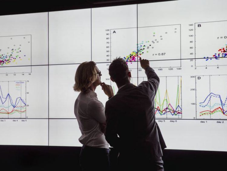 Man and woman Viewing a Large Screen of Information