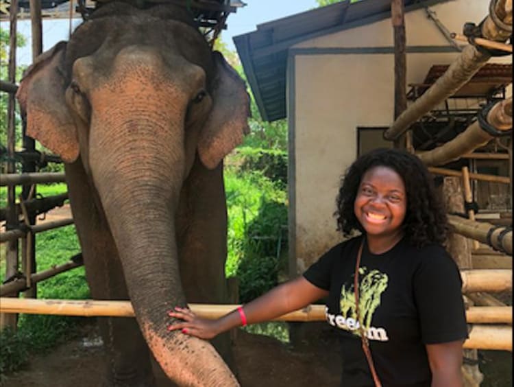 girl standing next to an elephant