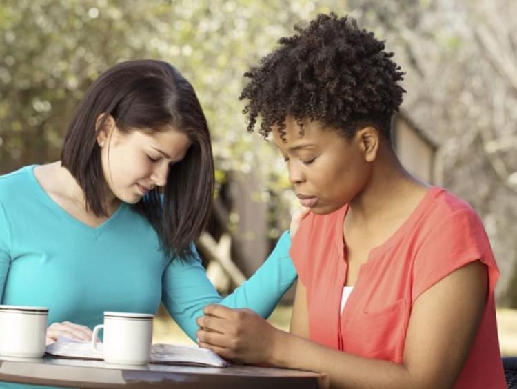 A pair of people conversing and studying